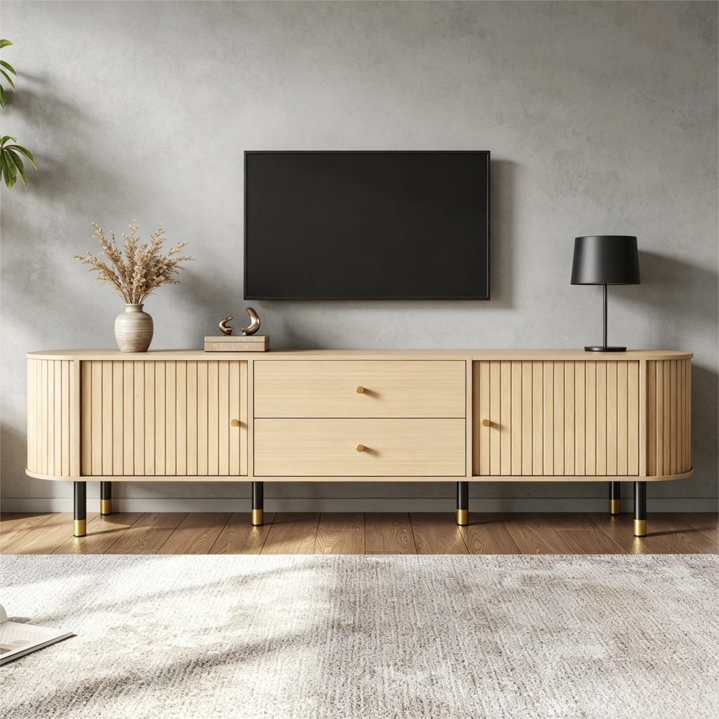 Mobile TV Lowboard 180x40x58 cm in effetto legno naturale, con 2 cassetti, 2 ante scorrevoli, gestione cavi e struttura robusta