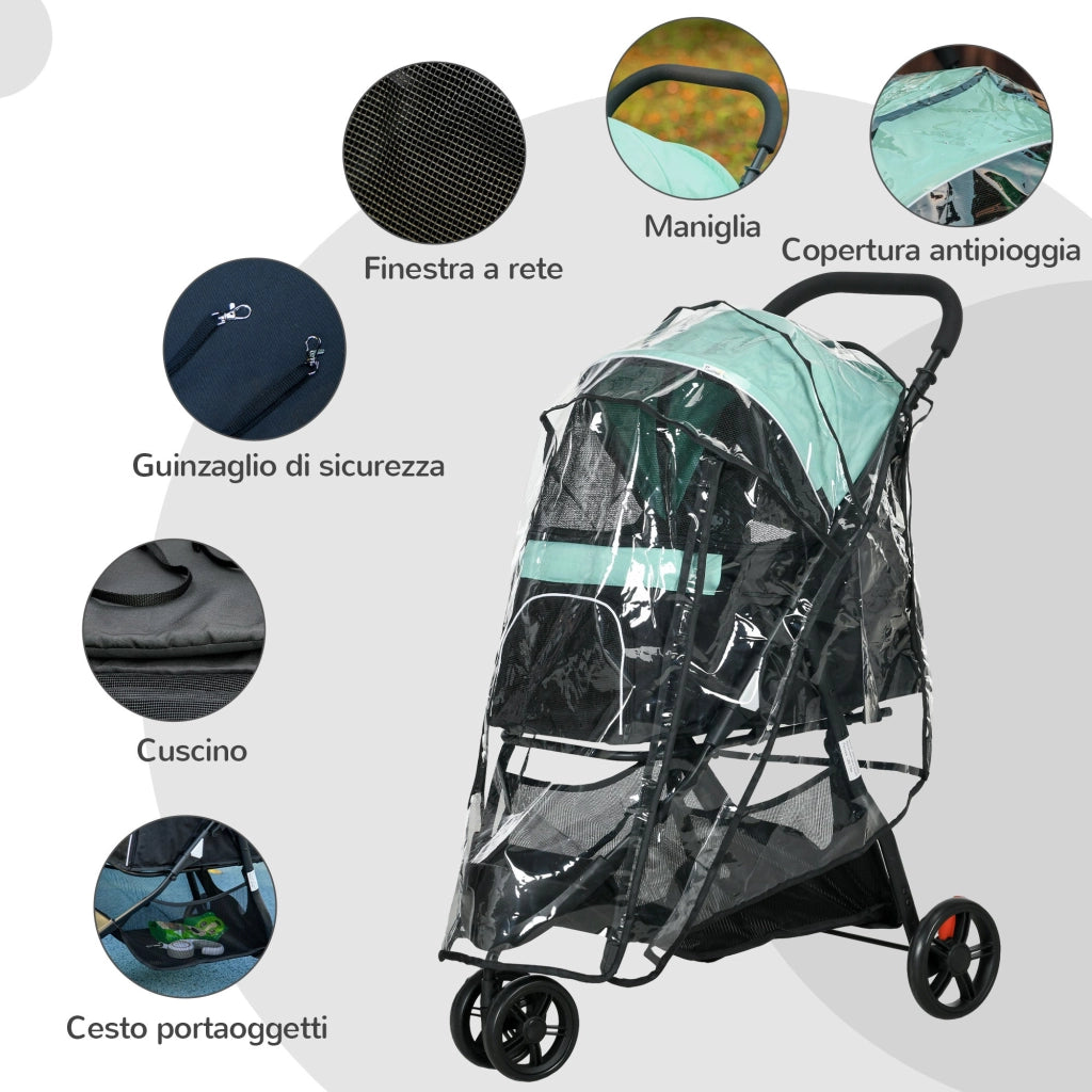 Passeggino per Cani Piccoli Pieghevole con Copertura Antipioggia a 3 Ruote Verde