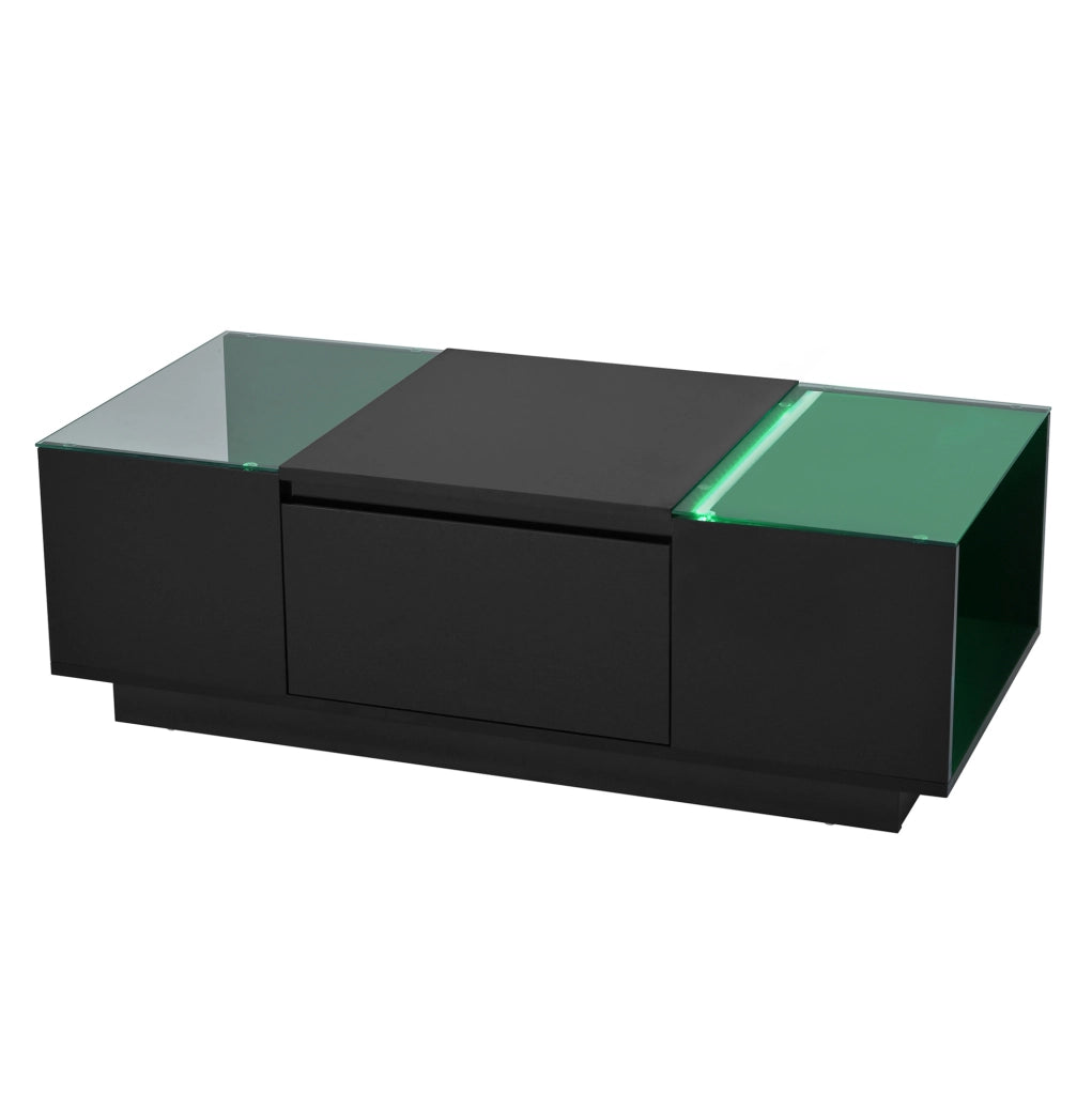 Tavolino da salotto 105x50x35 cm con LED; 2 cassetti; vetro; pannello truciolare nero