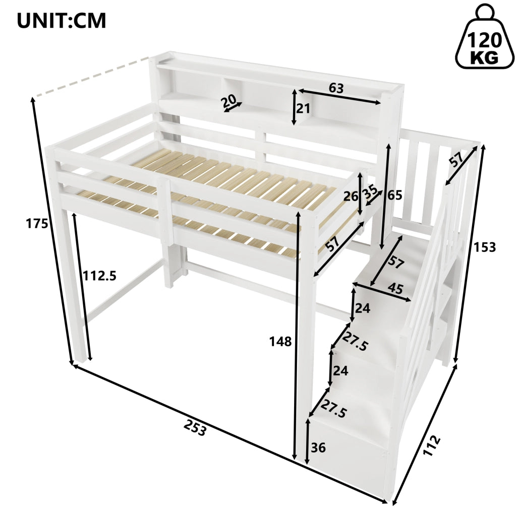 Letto a soppalco per bambini 90x200 cm con LED e scala contenitore