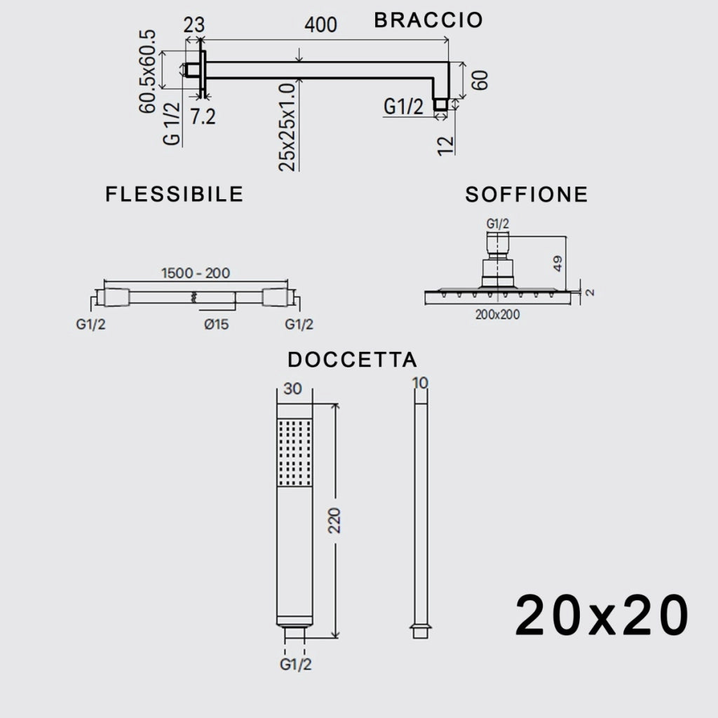 Set doccia braccio soffione e doccetta in ottone cromato, misura 20x20