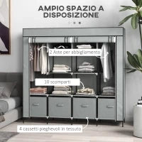 Armadio in Tessuto e Acciaio con 10 Ripiani, 4 Cassetti e Ante a Cerniera, Grigio