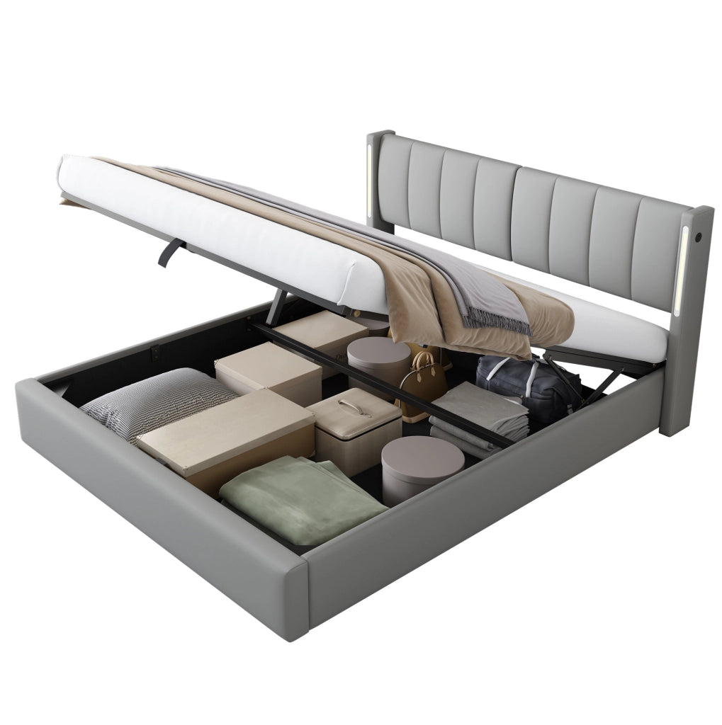 Letto LED con USB Type-C; contenitore; testiera regolabile; 180x200 cm; PU grigio