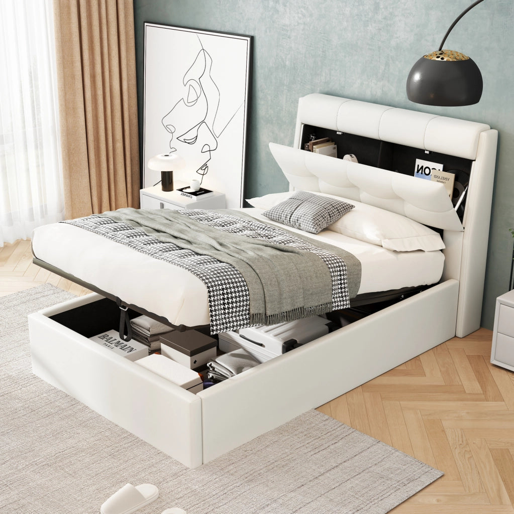 Letto imbottito 90x200 cm in PU bianco con sollevamento idraulico; contenitore e rete a doghe