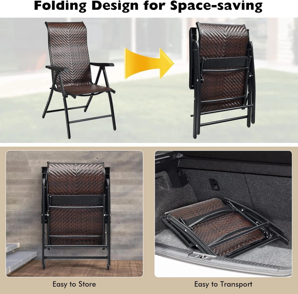 Set di 2 sedie da giardino in rattan con schienale regolabile, sedia pieghevole da giardino, sedia da pranzo, ergonomica, con braccioli, per giardino, balcone