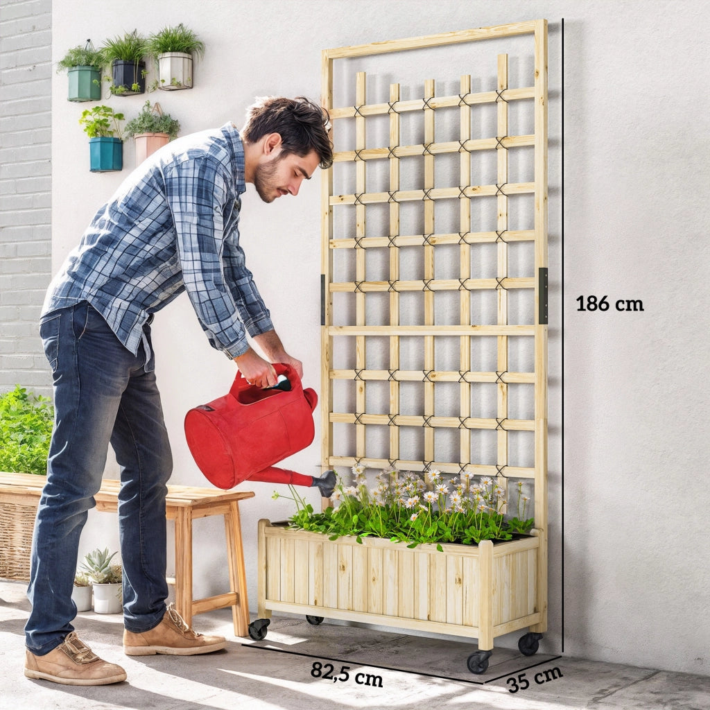 Fioriera con griglia e ruote per rampicanti ¨C zephmum ¨C legno massello naturale 82.5x35x186cm