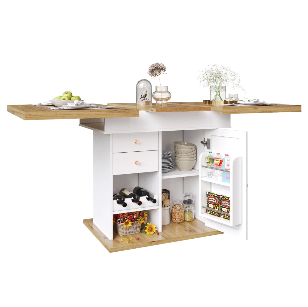 Tavolo allungabile 110-140x80x75 cm con anta; cassetto e ripiani; bianco e naturale