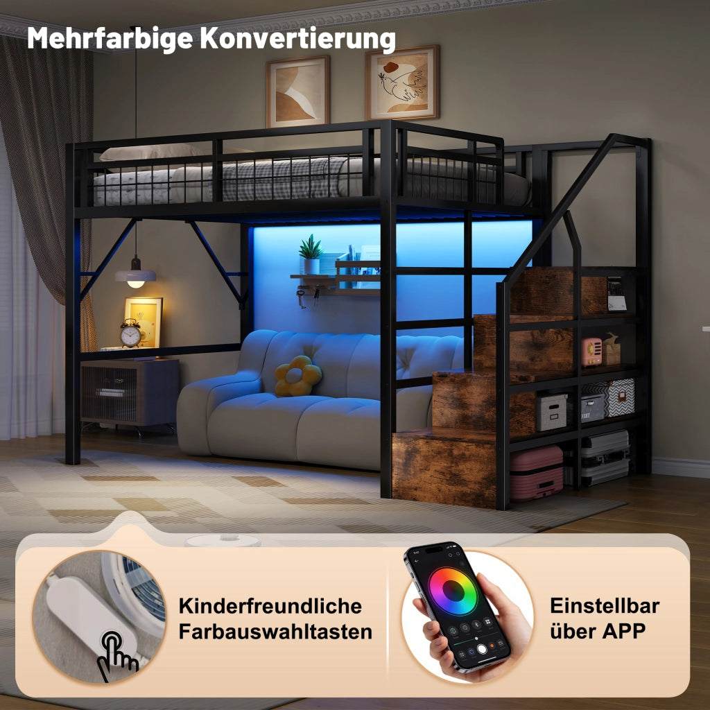 Letto a soppalco in metallo con LED e scala contenitore, 140x200 cm, nero