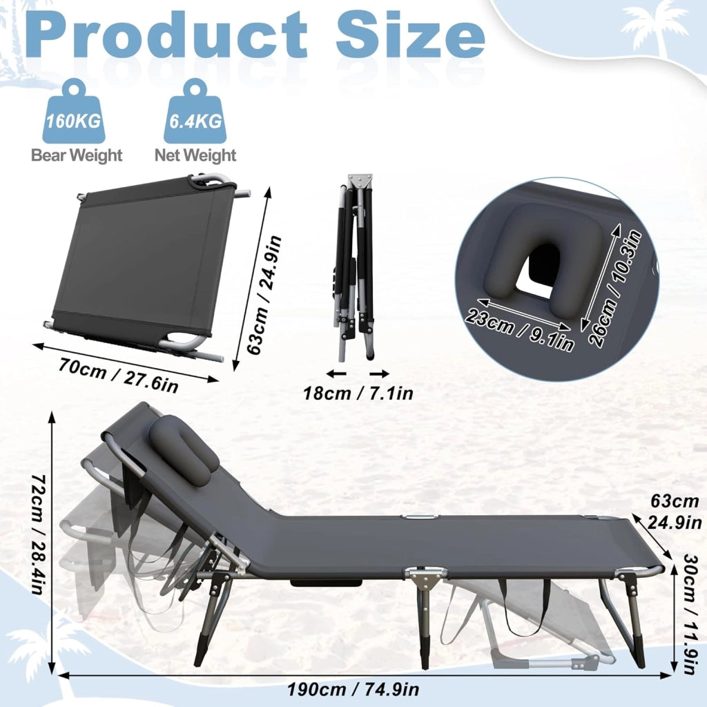 Sedia a sdraio pieghevole da giardino con schienale e poggiapiedi regolabili, portatile, da giardino, da spiaggia, per giardino, terrazza, spiaggia, grigio scuro