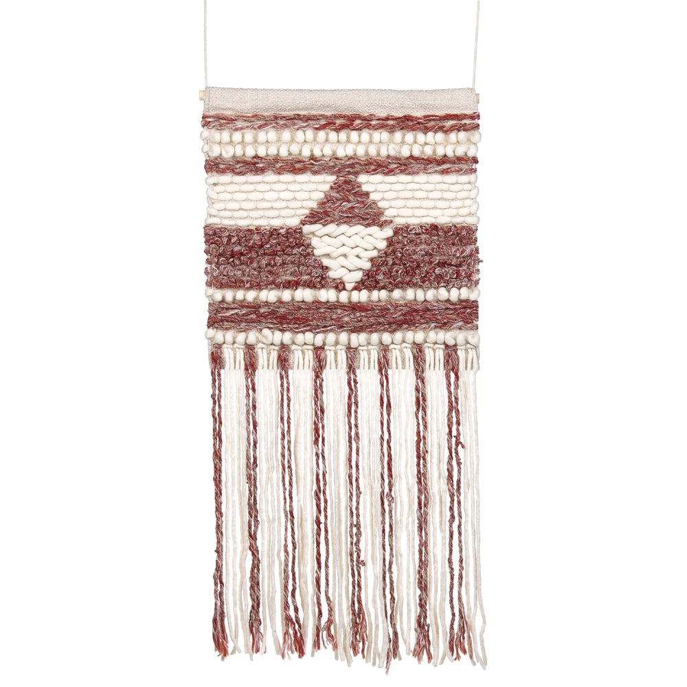 Decorazione da parete lana rossa e beige nappa fatta a mano arte da parete motivo geometrico boho per soggiorno camera da letto