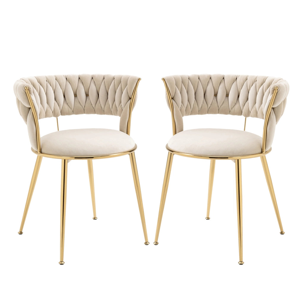 Set di 2 sedie da pranzo in velluto color avorio con schienale traforato e gambe in metallo