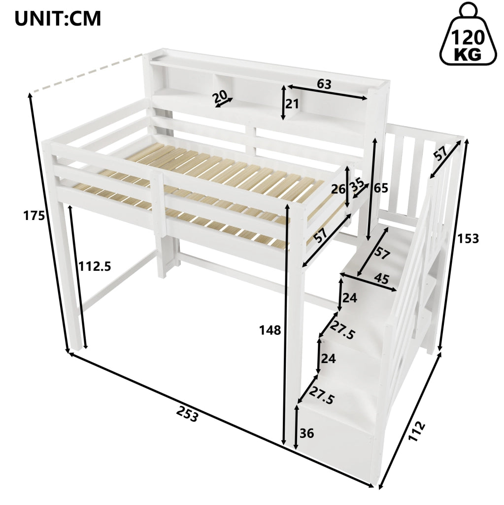 Letto a soppalco 90x200 cm con LED, scala contenitore e ampio spazio inferiore