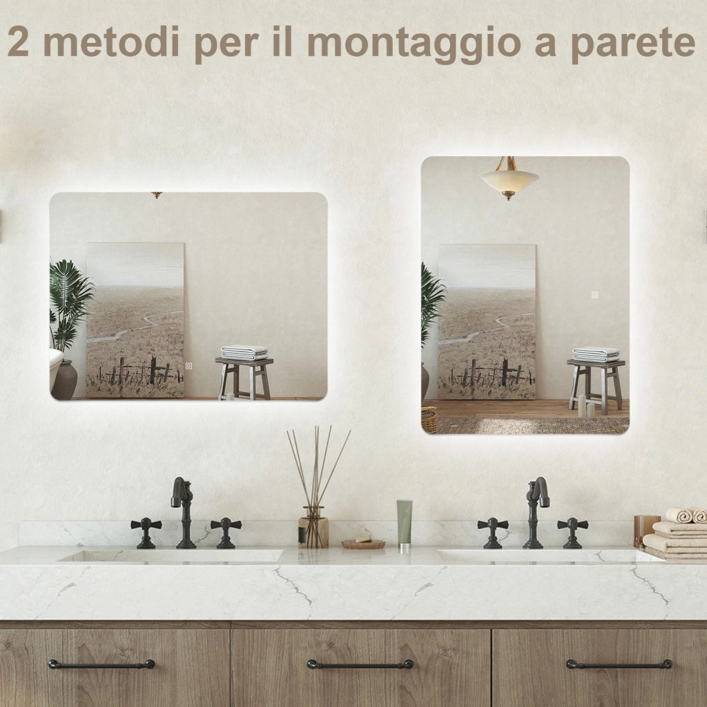 Specchio bagno Rettangolare 80x60cm Retroilluminato Con Led, 3 Luci, Design Moderno