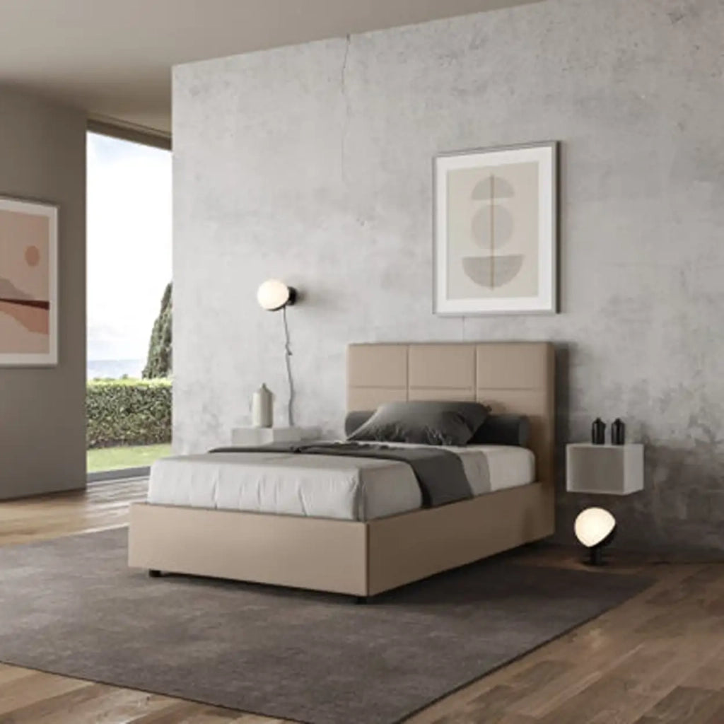 Letto matrimoniale francese con rete imbottito 140x200 similpelle tortora Mika