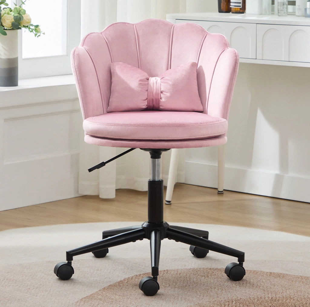 Sedia girevole regolabile in velluto rosa con schienale a petalo e cuscino lombare; 55x62x73-83 cm