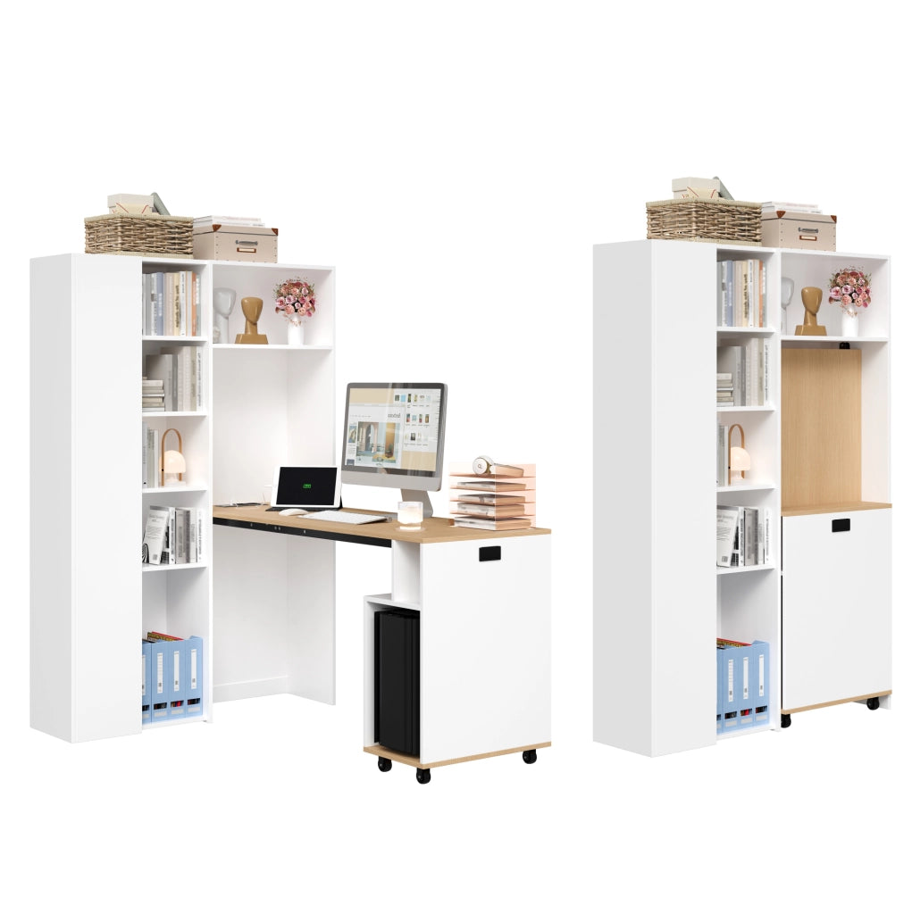 Scrivania pieghevole 104.5x30.5x160 cm con libreria integrata; presa USB; MDF bianco