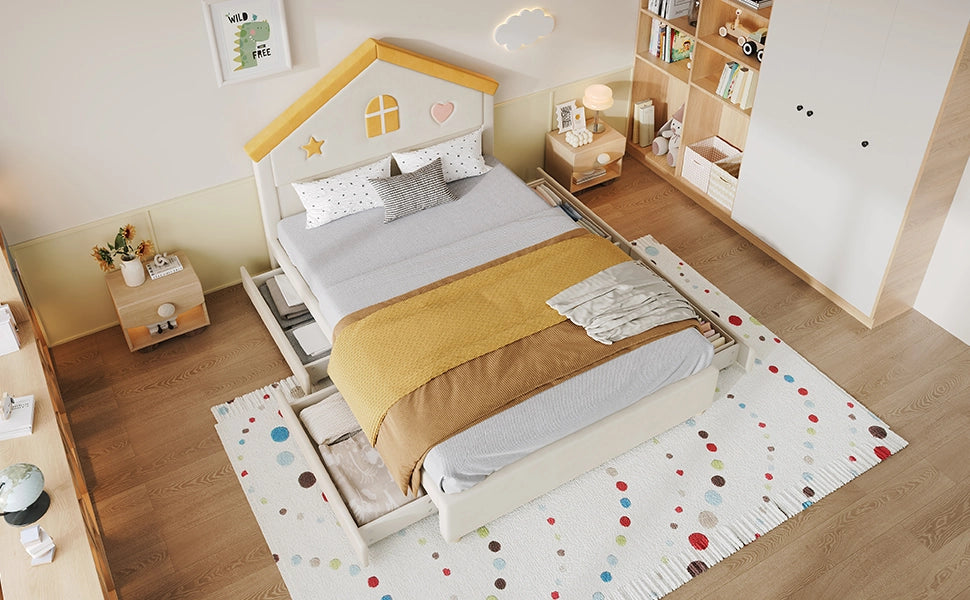 Letto per bambini 140 × 200 cm con testiera a casetta e 4 cassetti, senza materasso, in velluto beige