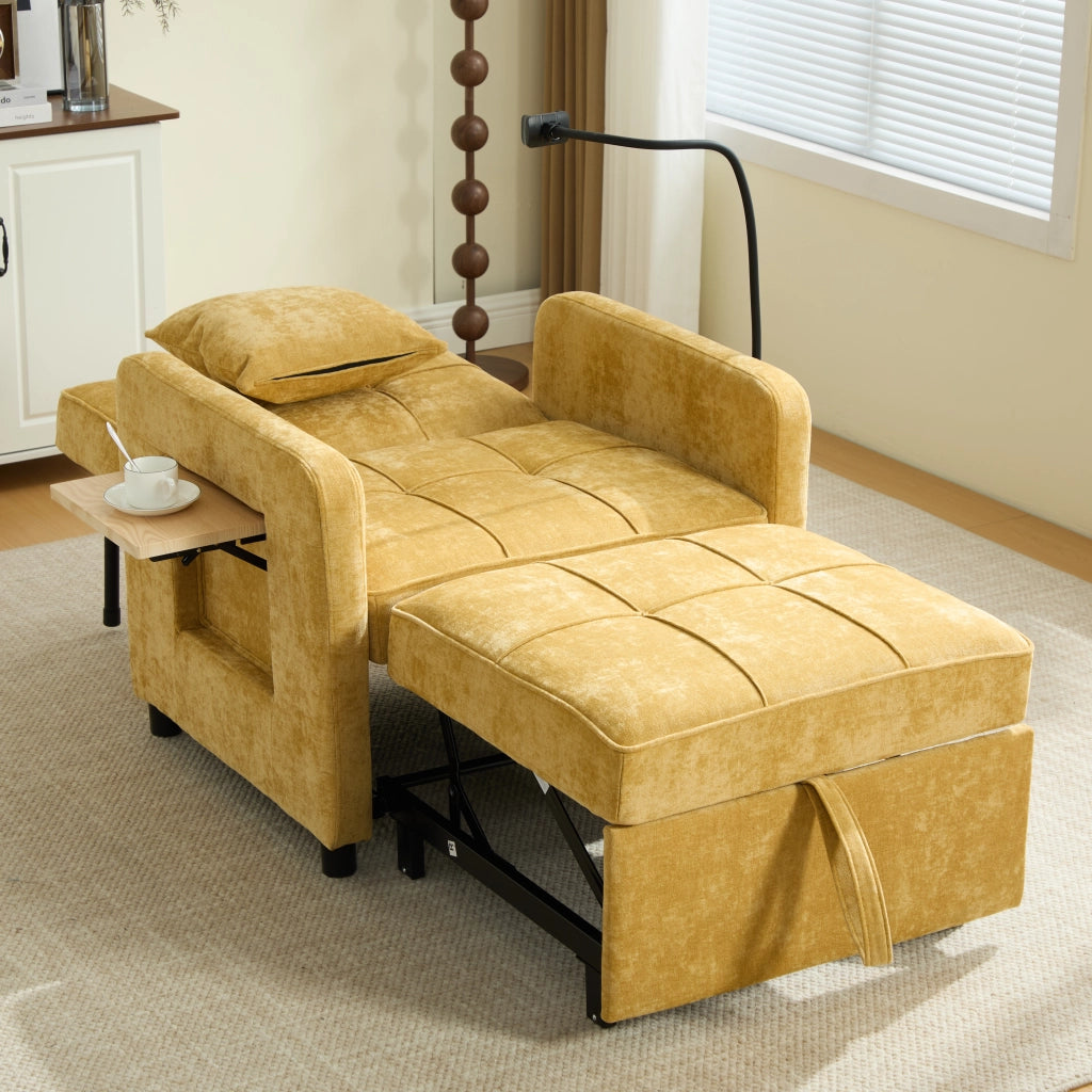 Poltrona letto convertibile in chenille con schienale reclinabile a 5 posizioni tasche laterali vassoio giallo senape