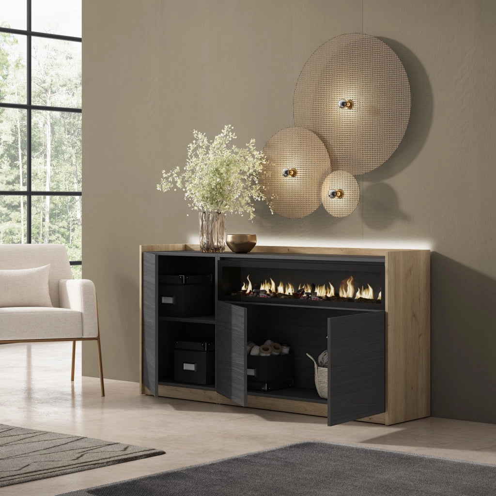 Credenza, Mobile, Cucina, 156x80x37 cm, 3 Porte, Camino elettrico, LED, Nero e rovere