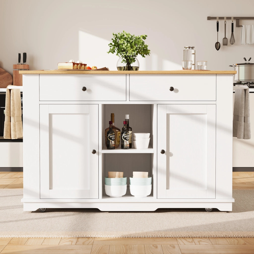 Carrello da Cucina con 2 Cassetti e 6 Vani; Prese Integrate e Piano Ribaltabile; in MDF e Metallo; Bianco Naturale