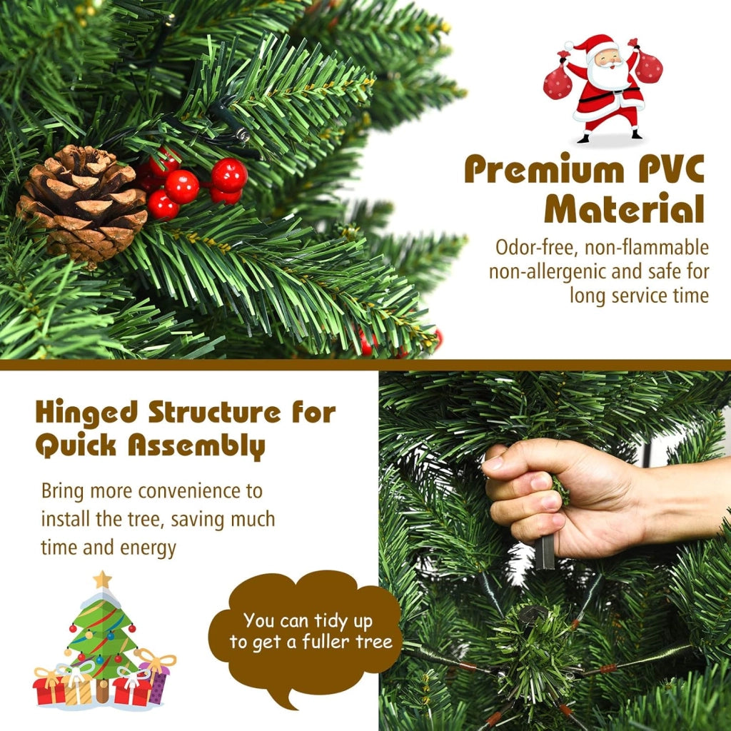 Albero di Natale Artificiale 135/195 cm in PVC, Albero di Natale con Luci LED Incorporate, Mele di Pino e Bacche Rosse, Christmas Tree per Casa, Negozio, Ufficio, Feste (M)