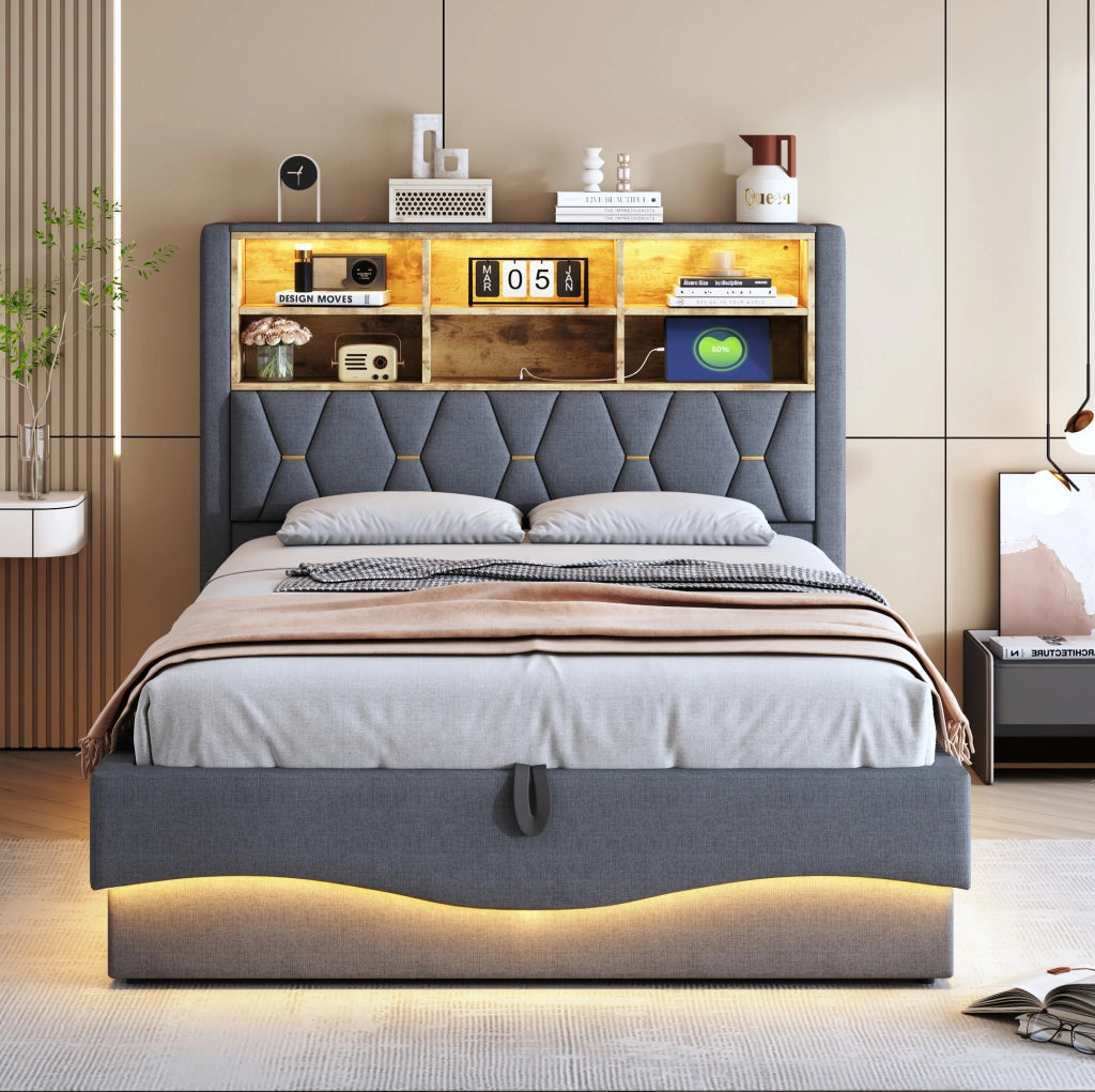 Letto imbottito 140x200 cm con contenitore; LED e USB in lino e metallo grigio