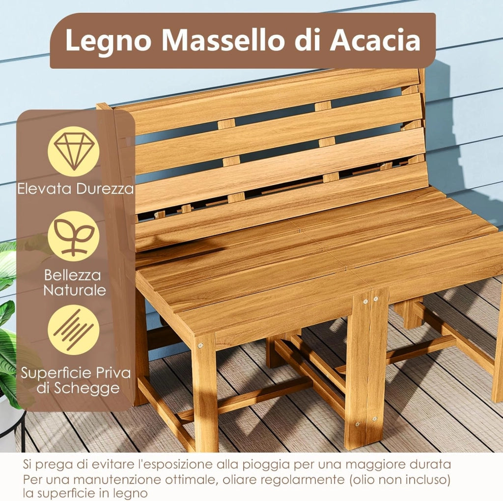 Panca Esterno Trasformabile 3 in 1, Panchina Giardino in Legno di Acacia con Schienale, Set Mobile Esterno con Tavolino e 2 Sedie, Supporto Piante per Terrazzo, Patio e Balcone