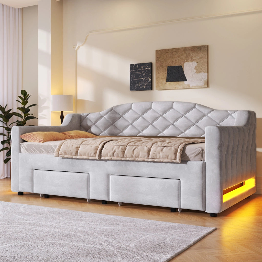 Letto a giorno imbottito con 2 cassetti e LED - Zephmum - Grigio (90x200-180x200 cm)