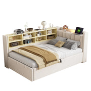 Letto singolo 90×200 cm con contenitore idraulico; luce notturna; USB; Type-C e ripiani; senza materasso; velluto beige