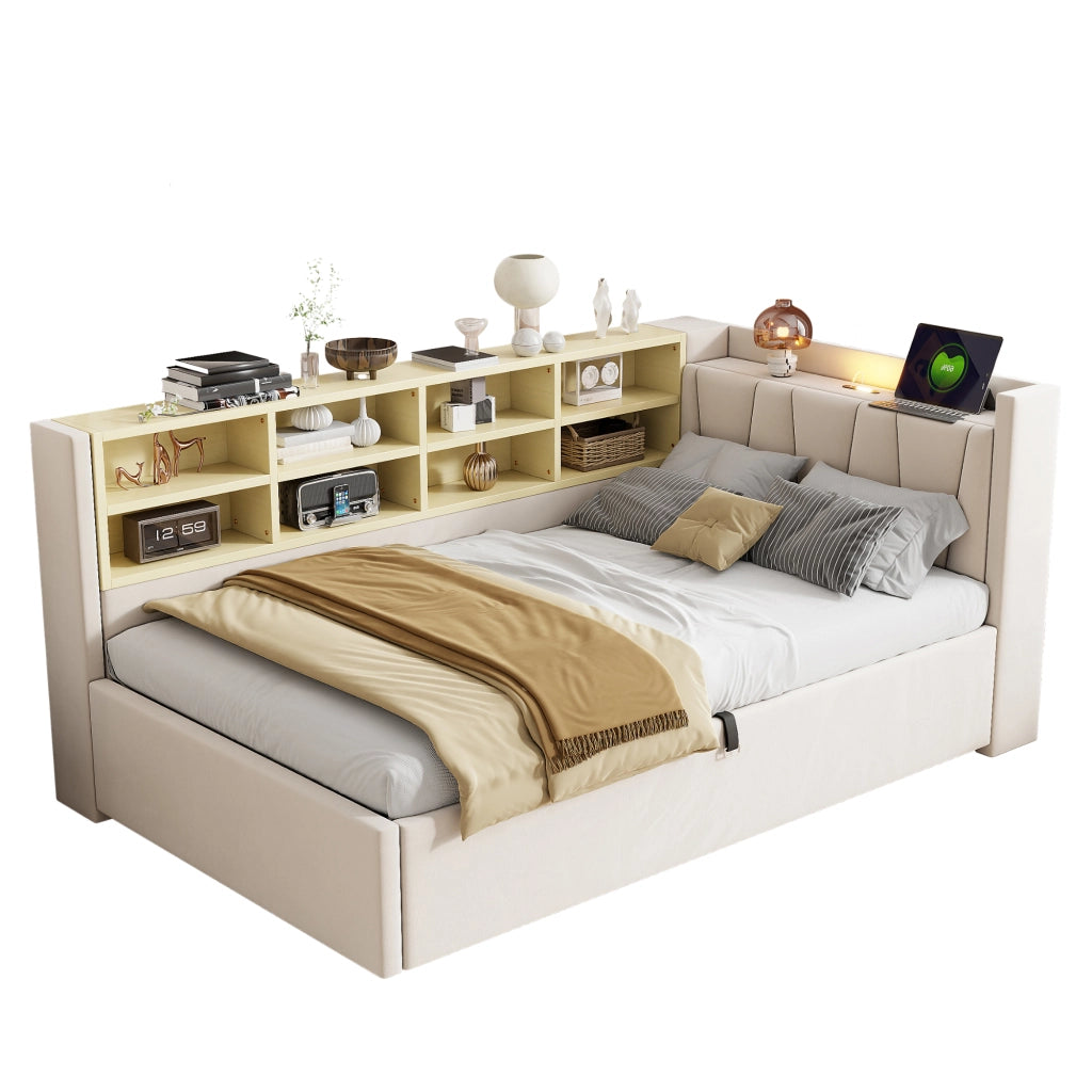 Letto singolo 90×200 cm con contenitore idraulico; luce notturna; USB; Type-C e ripiani; senza materasso; velluto beige