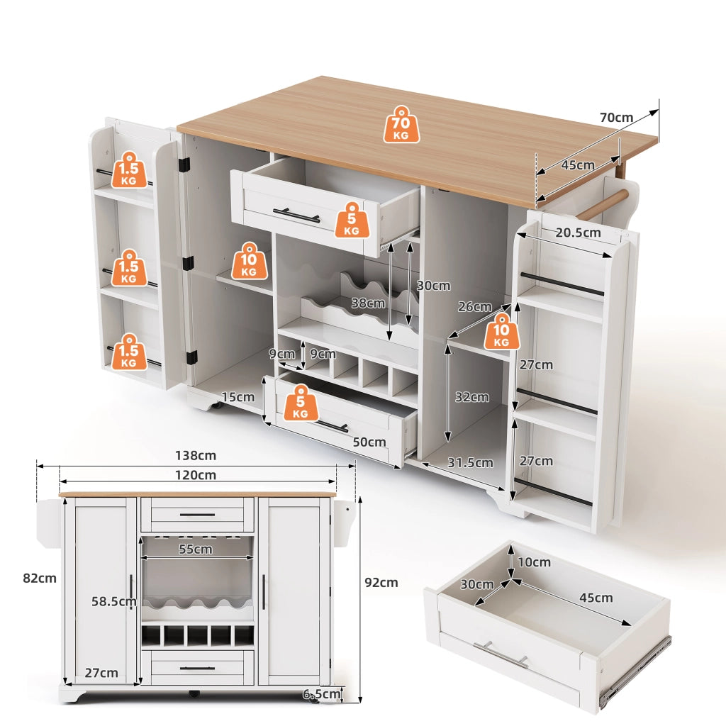 Isola da Cucina Mobile 138x45/70x92 cm Bianca e Legno con Portabottiglie, 2 Cassetti e 5 Ruote