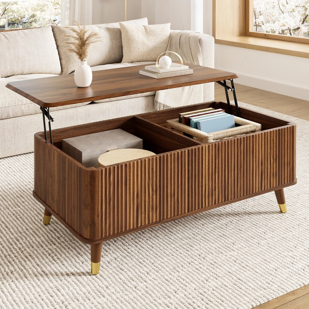 Tavolino da caffè con piano alzabile e vano contenitore - per soggiorno - in MDF - Walnut