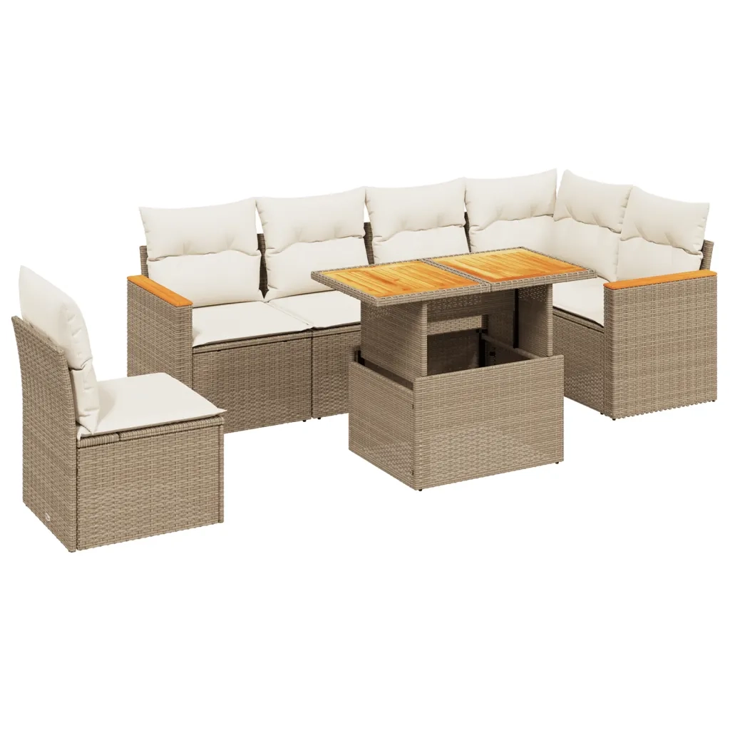 Set Divani da Giardino 7 pz con Cuscini Beige in Polyrattan