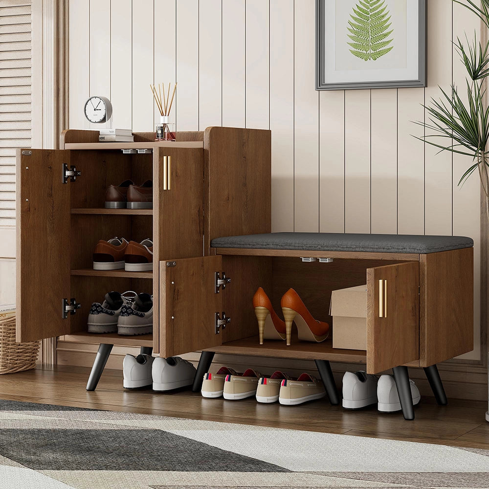 Armadietto scarpe moderno - Xylo - L120/P34/H82 - Venature legno, 4 ante, maniglie metalliche asimmetriche