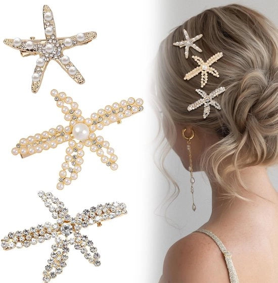 Accessori capelli 3 pezzi - Stelle di mare Accessori capelli - Spille da spiaggia in oro - Decorazioni con perle e strass - Leggero e robusto - Adatto per feste