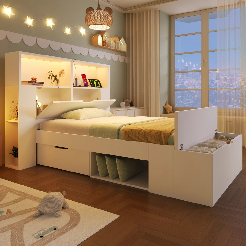 OKWISH Letto Singolo 90×200 cm con LED Regolabile, USB e Tipo C, 2 Cassetti, Mensole e Panca Contenitore, senza Materasso, Bianco