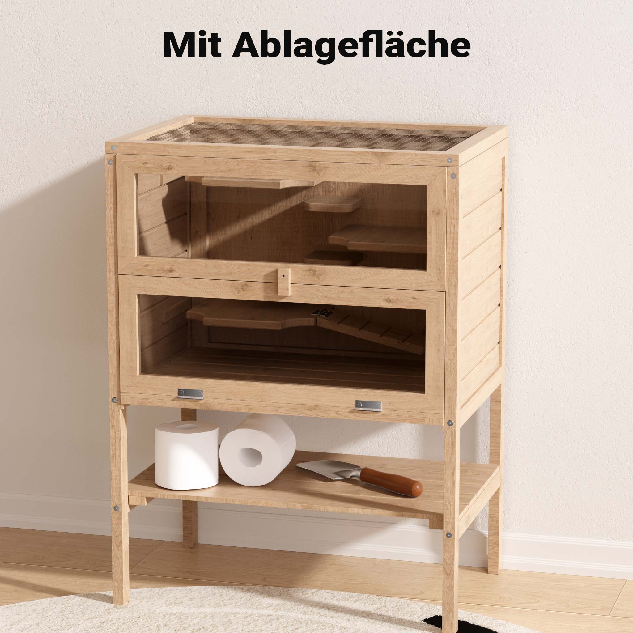 Gabbia per roditori piccoli animali a 3 livelli in legno e plexiglas con tetto apribile