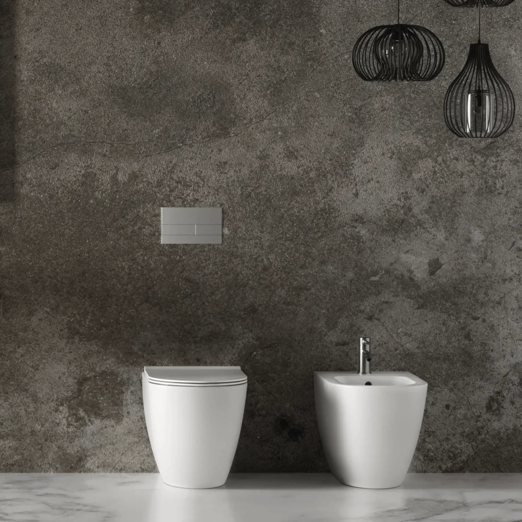 Coppia Di Sanitari Alice Ceramica Da Terra Filo Muro Senza Brida Bianco Lucido "Form"