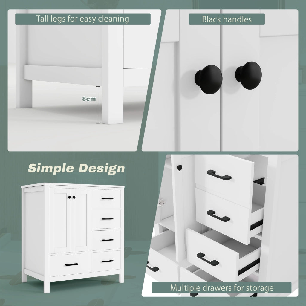 Mobile sottolavabo con lavabo in ceramica, 1 anta, 4 cassetti e 3 ripiani, per bagno, bianco, 76 × 46 × 82 cm