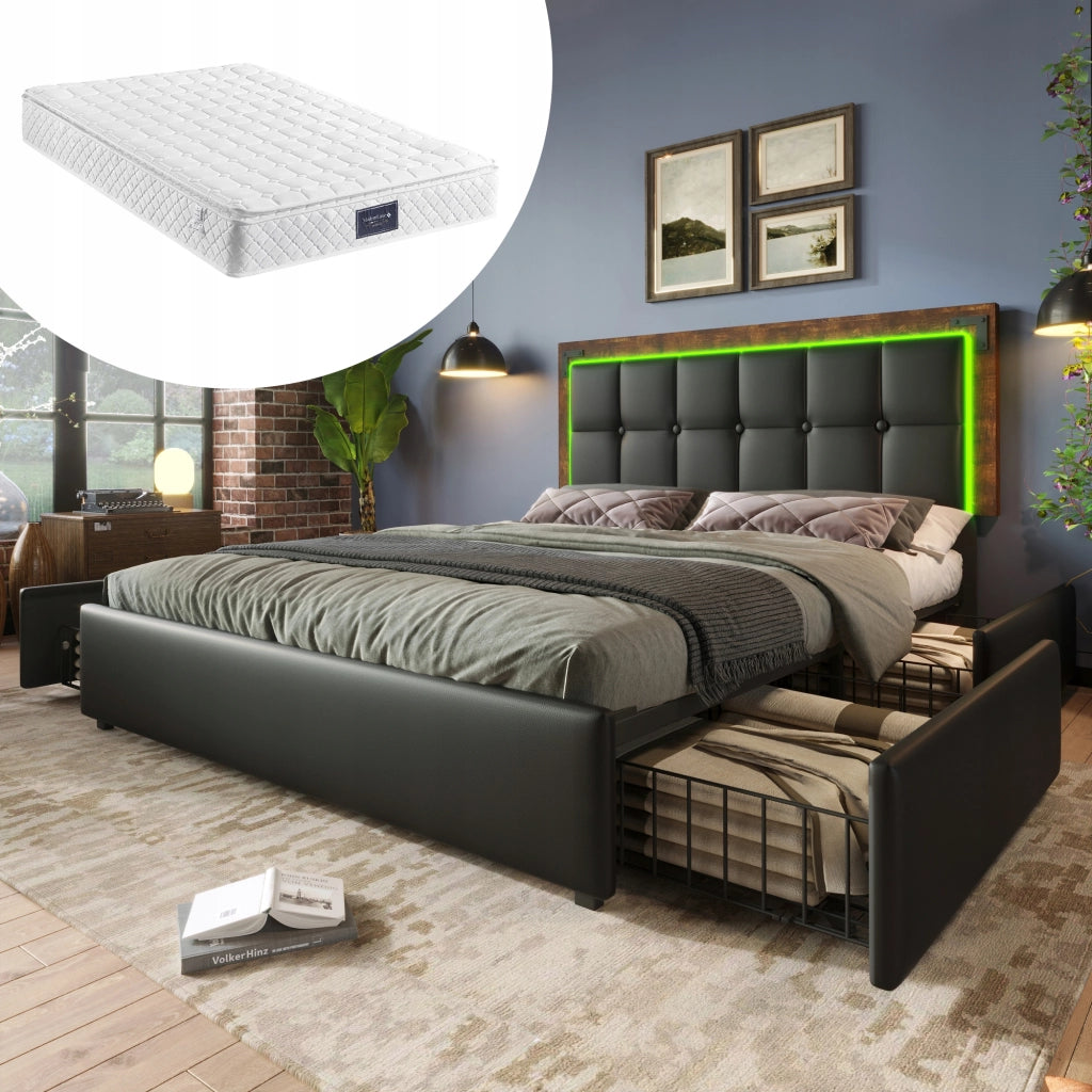 Letto imbottito 140x200 - Xylo - LED e 4 cassetti