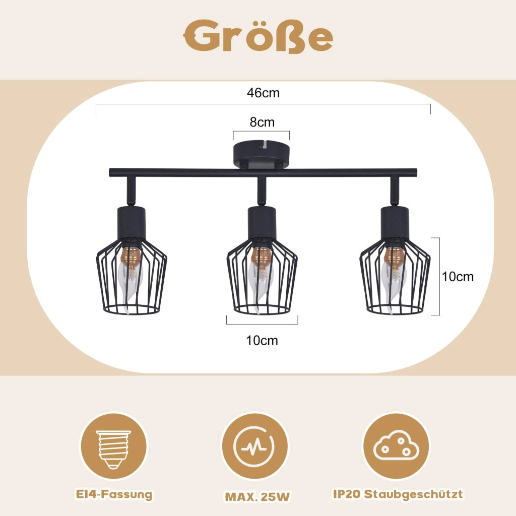 ZMH Faretto da soffitto neri 3 luci E14 metallo orientabili 350° industriali per corridoio soggiorno