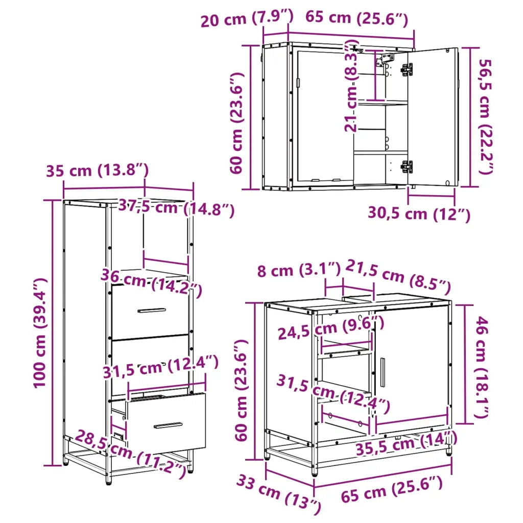 Set di mobili per il bagno 3 pcs Rovere Nero Legno multistrato 3402374