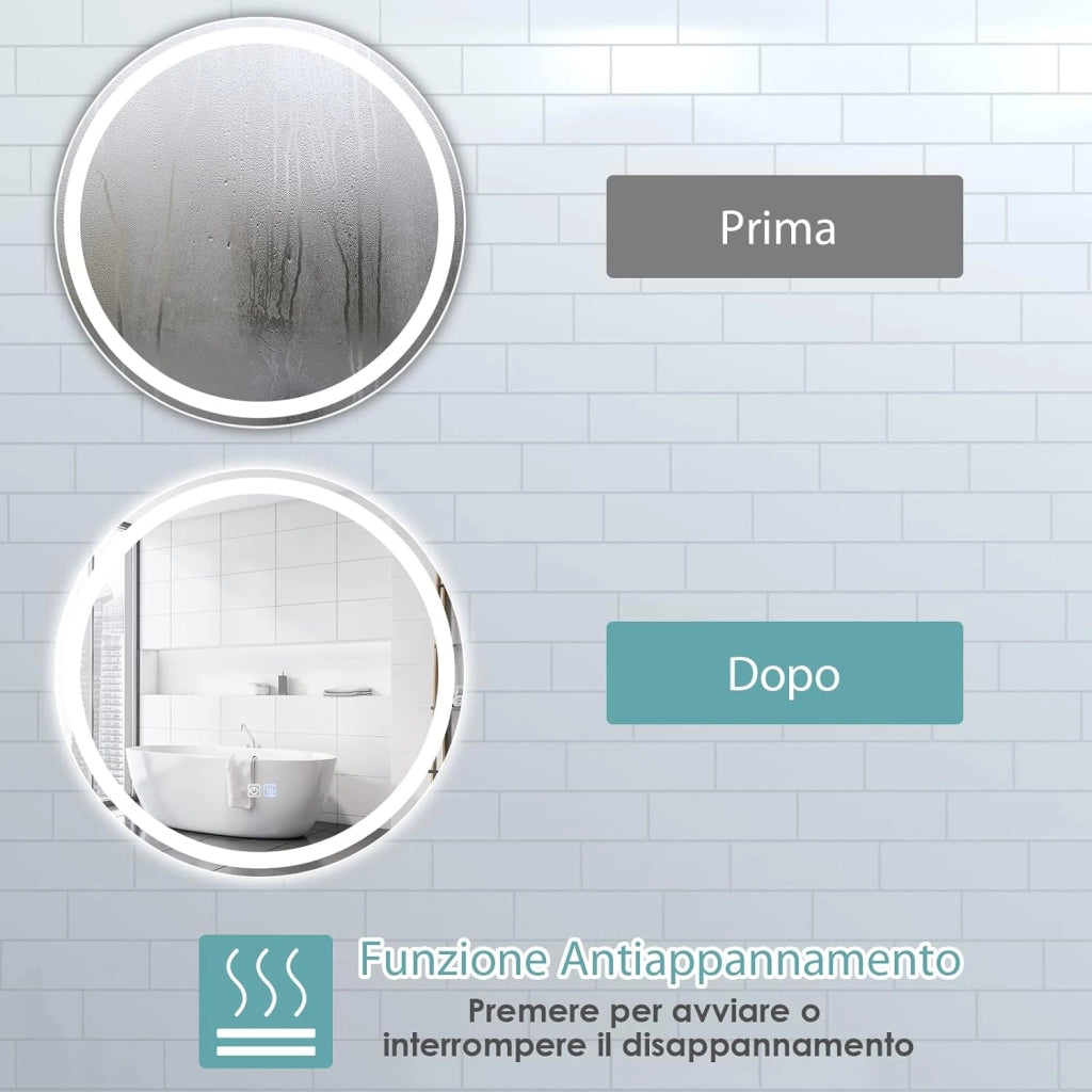 Specchio Bagno con LED, Specchio da Parete IP44 con Luce Regolabile 3000-6000k a 3 Colori, Telaio in Alluminio e Funzione Disappannamento per Paccucchiere e Camerino (Rotondo Ø 60cm)