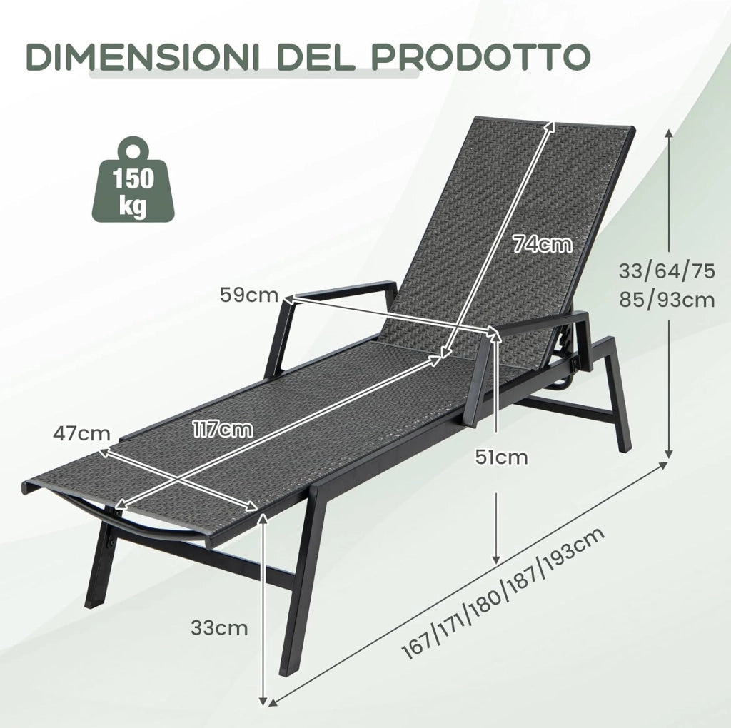 Lettino Prendisole in Rattan, Sdraio da Giardino con Schienale Regolabile a 5 Posizioni, Braccioli e Schienale Alto, Telaio Metallico Robusto, Portata 150 kg, per Piscina Balcone e Terrazza