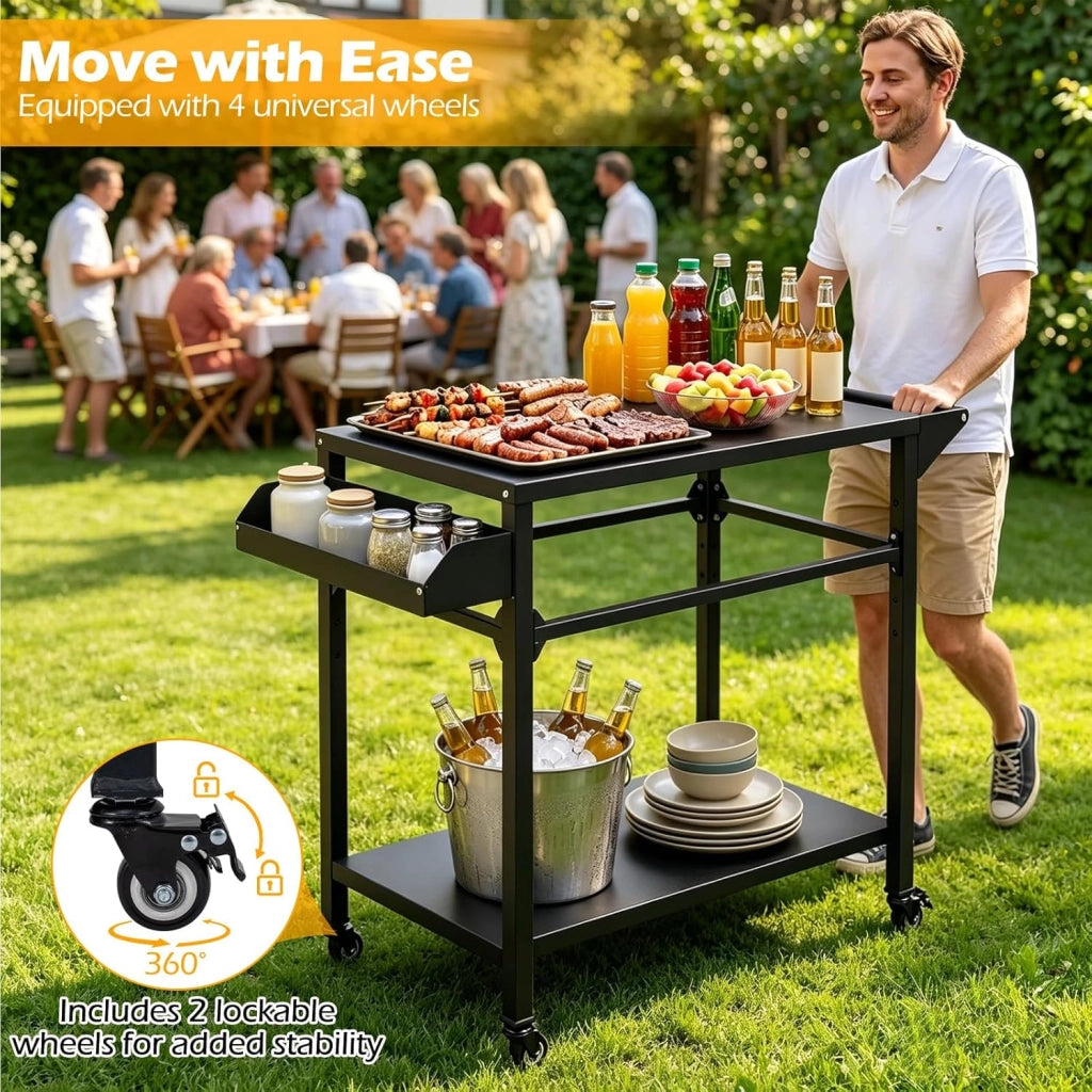 Carrello per Barbecue a 2 livelli, Carrello da Giardino con Porta Asciugamani e Scaffale per Spezie, Desserte da Esterno, 4 Rotelle, per Giardino e Terrazza, 100 x 45 x 80 cm, Nero
