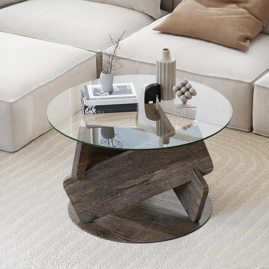 Tavolino da Salotto Rotondo con Piano in Vetro Temperato, Tavolo Basso da Caffè con Base in Legno e Piedini Antiscivolo, Tavolino Moderno per Soggiorno, Ufficio, Camera da Letto