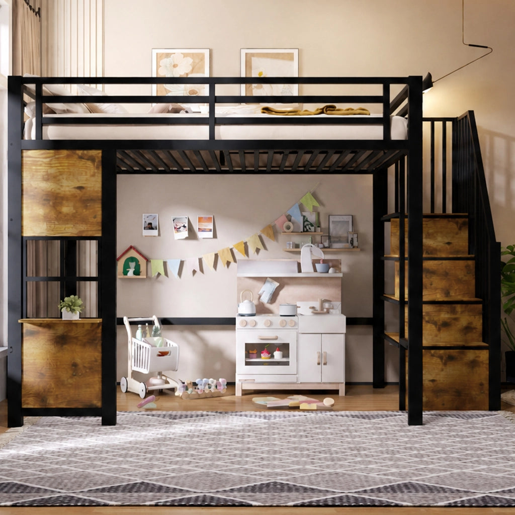 Letto a soppalco 140x200 cm con scala contenitore; finestra; spazio libero sottostante e parapetto; metallo nero