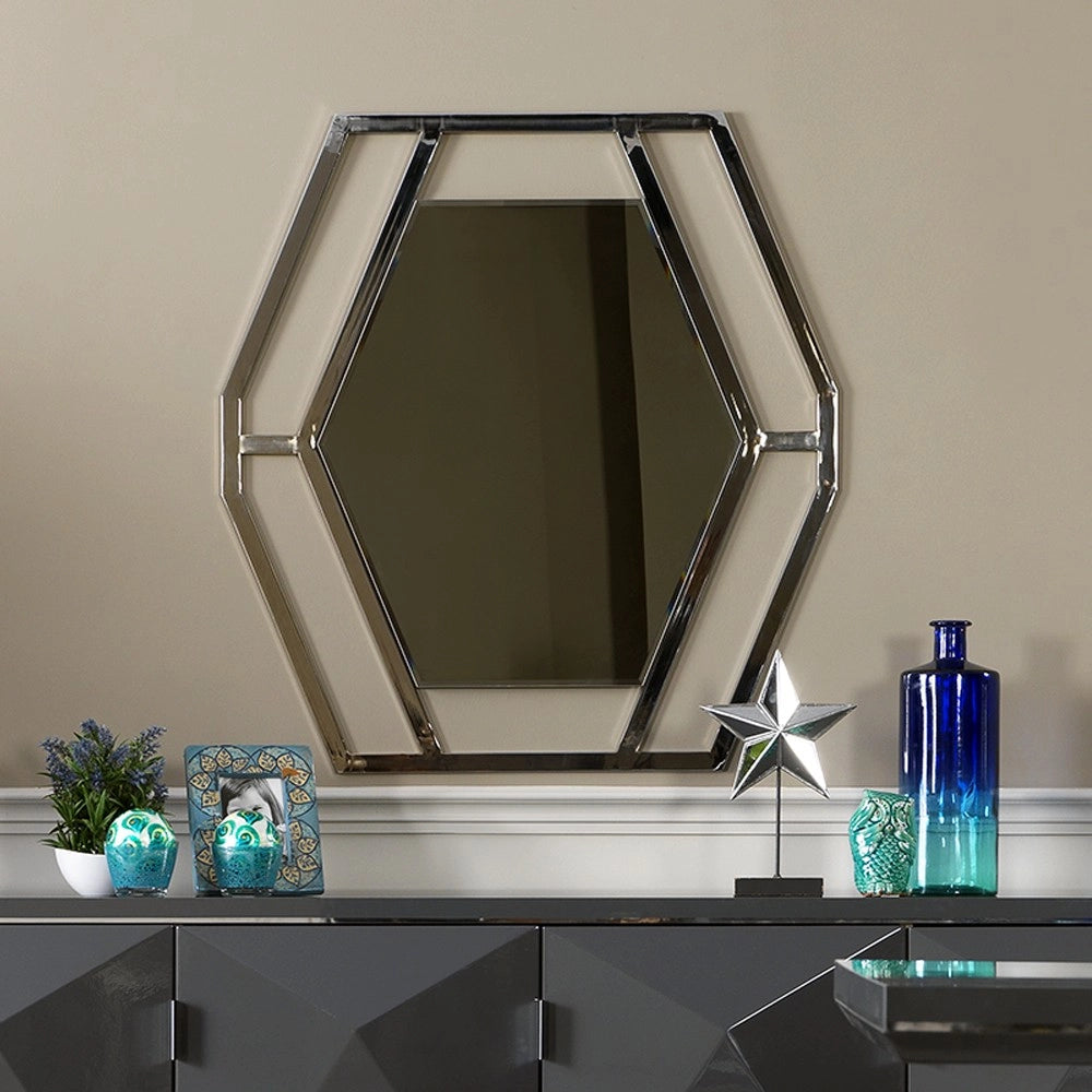 Specchiera esagonale Enzio in metallo cromato – Design moderno ed elegante per soggiorno e zona Living
