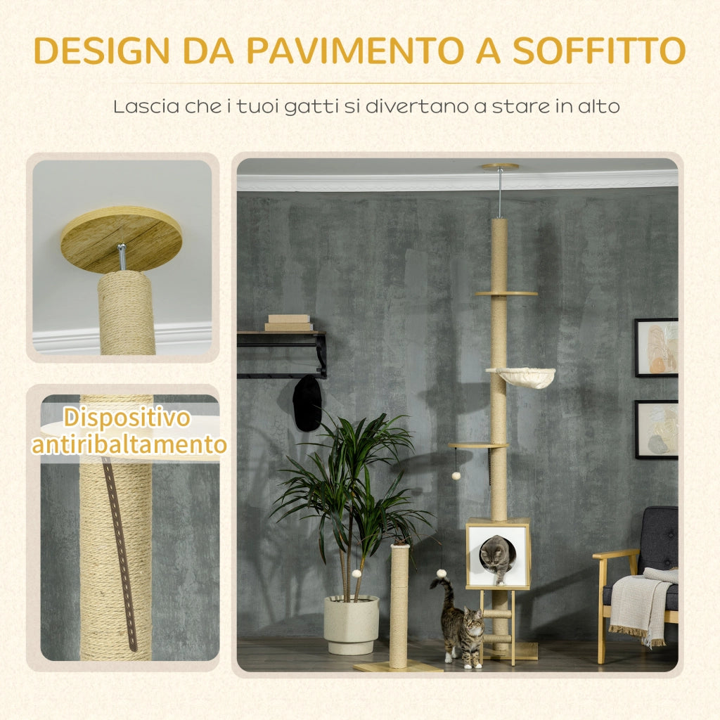 EasyComfort Albero per Gatti in Truciolato ad Altezza Regolabile con Tiragraffi, Casetta, Amaca e Pallina, 40x40x225-285 cm