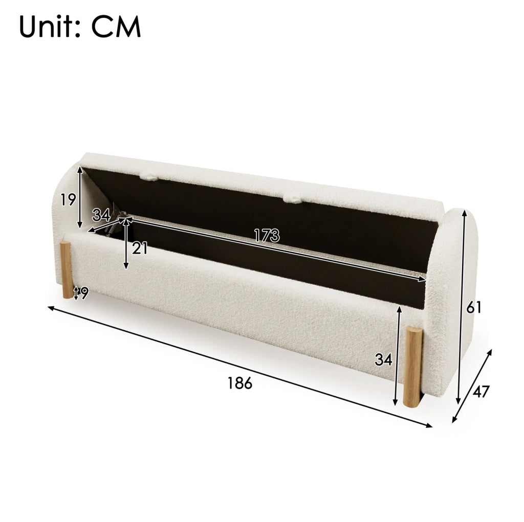 Panca contenitore per camera 186x47x61 cm in chenille bouclé bianco con vano portaoggetti idraulico